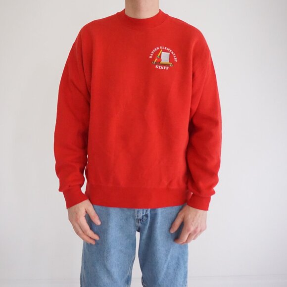 VTG '90S Jerzees Red Banson Elementary Staff School Teacher Crewneck Sweater L - Picture 1 of 9